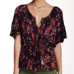 Free People River Bend Indigo Blue Lyocell Linen Ruffle Sleeve Women Top XS